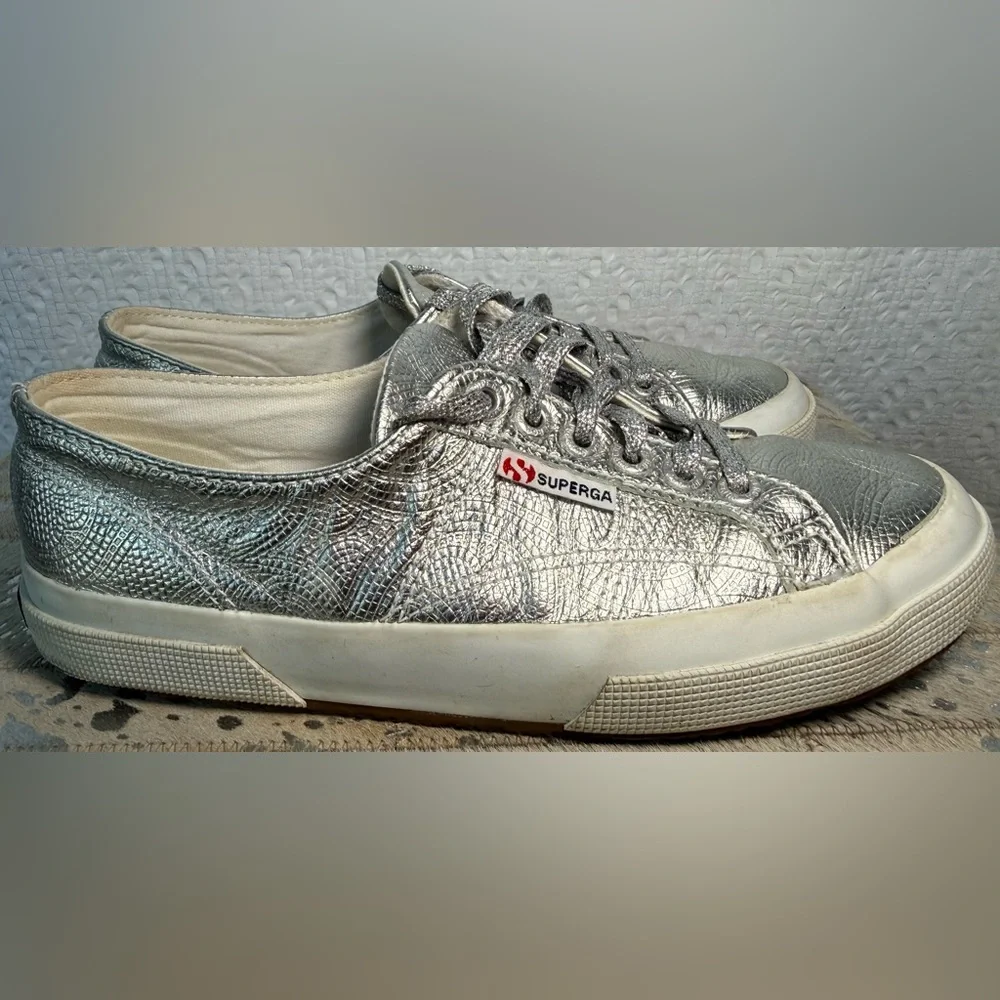 Superga Silver Metallic Embossed Platform Sneakers EU 39 US 8.5